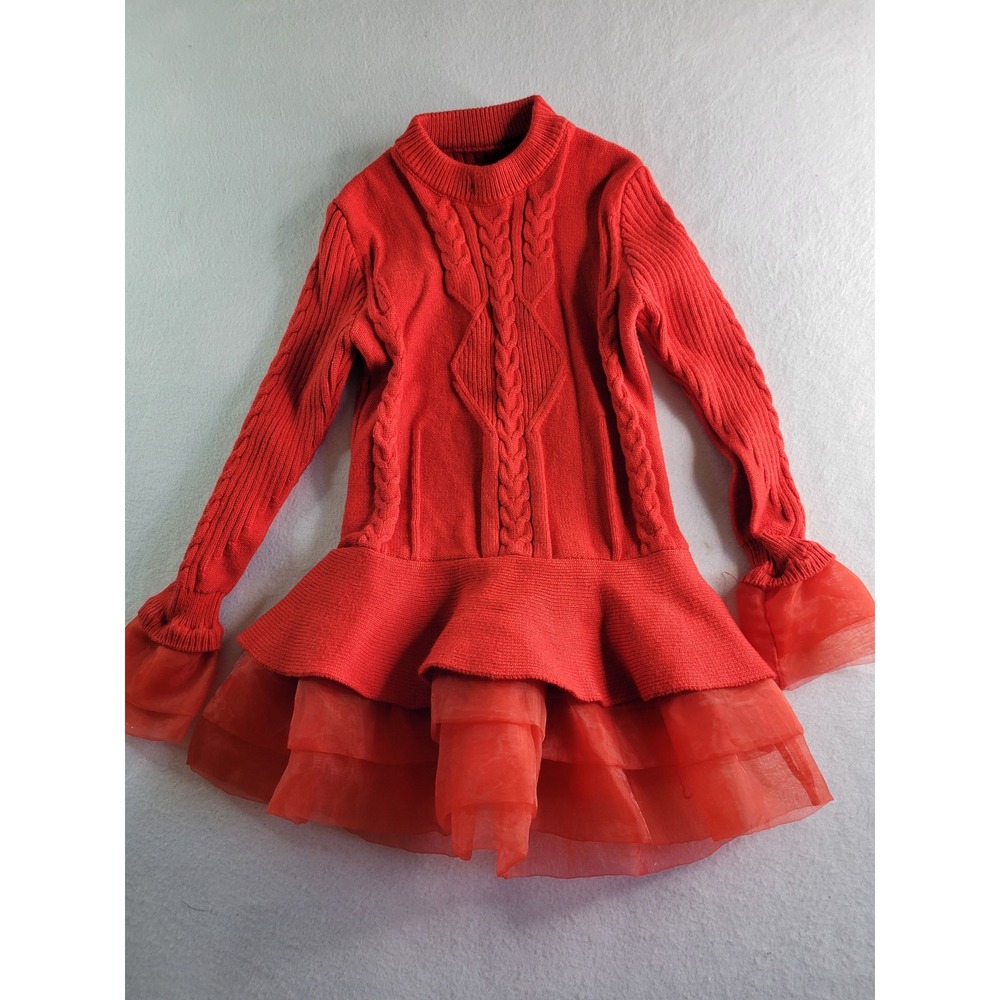 Bonnie Jean Red Cable Knit Sweater Dress Tiered Tulle Ruffle Hem Holiday Size 6